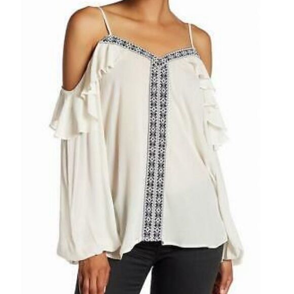 Pleione Ivory With Navy 
Trim Cold Shoulder Top Medium - Picture 1 of 15